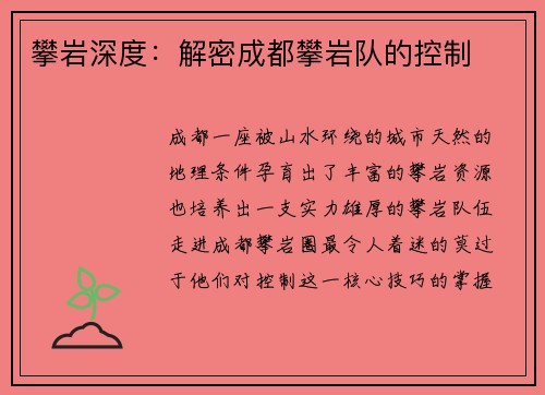 攀岩深度：解密成都攀岩队的控制