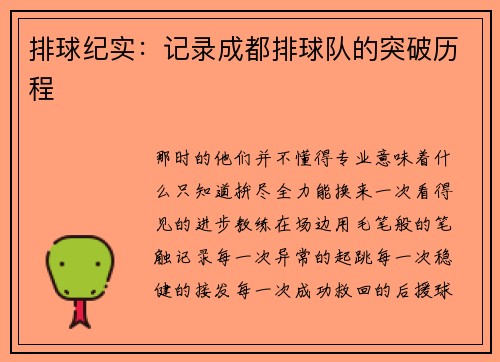 排球纪实：记录成都排球队的突破历程